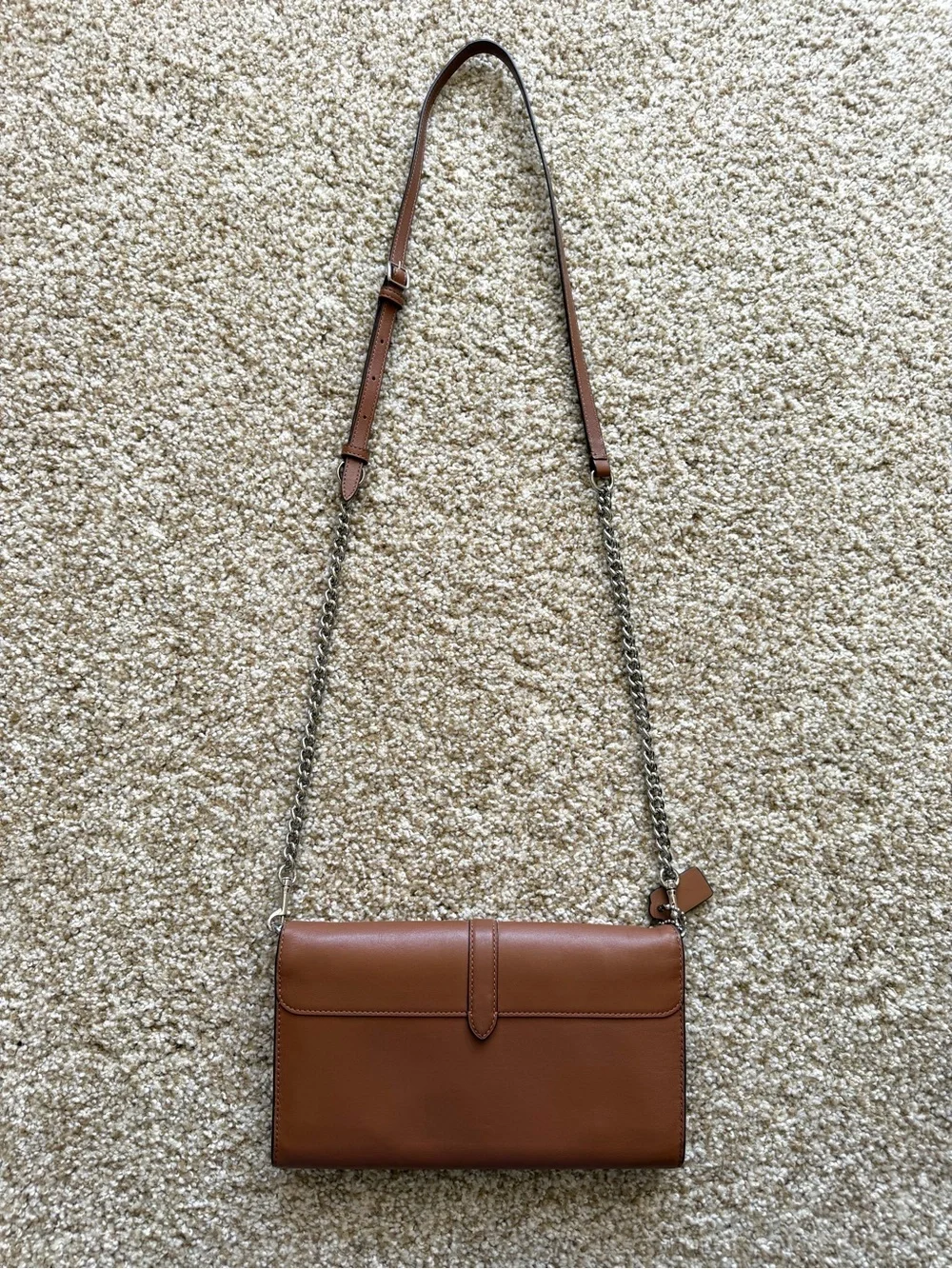 Coach Nomad Crossbody Clutch Wallet in Saddle Brown Leather Silver Chain